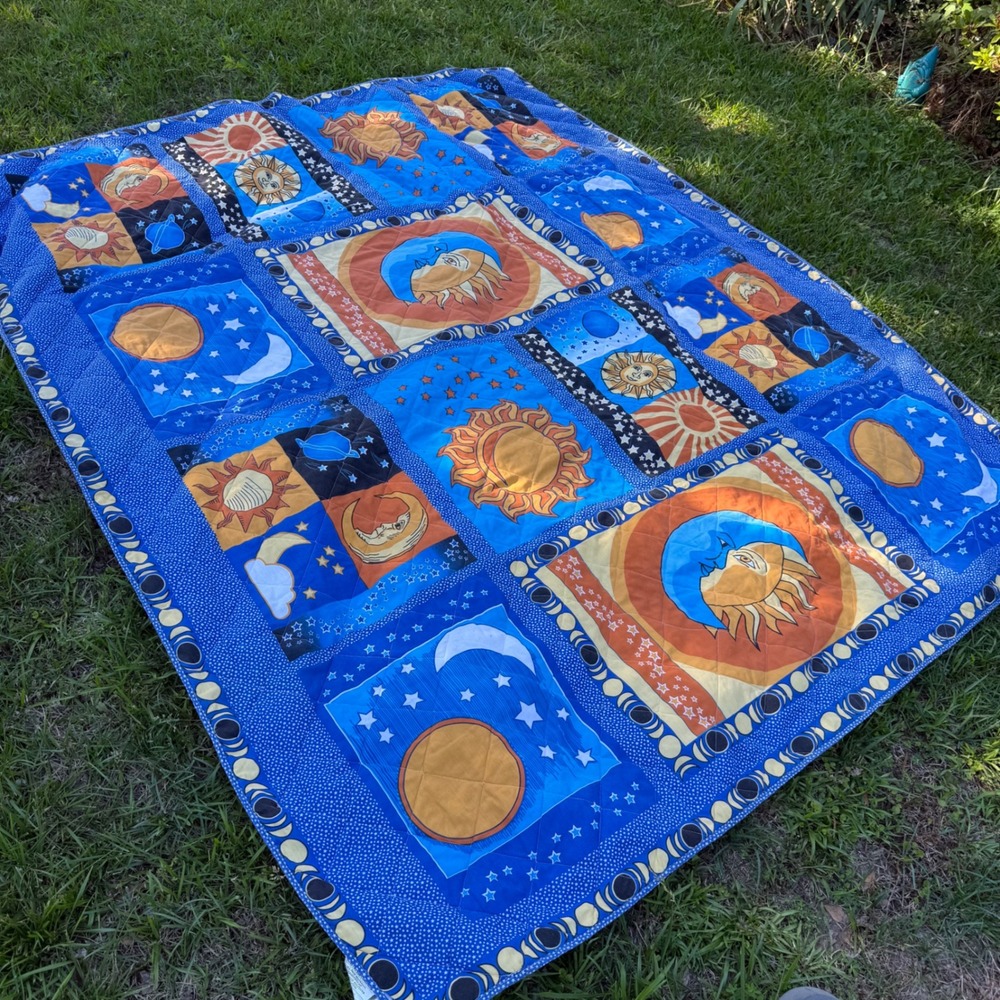 Vintage Celestial Sun Moon Star Quilt Blue Patchwork 81x98 Full Double Whimsical